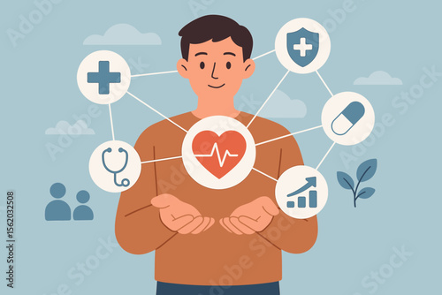 Health insurance and medical services concept with a man at the center. Patient care, wellness checkup, cardiogram, investment, and family medicine. Healthcare business vector.