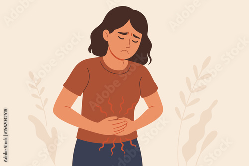 Woman suffering from stomach ache, holding her belly due to intense pain. Sad female character experiencing menstrual period cramps, abdominal problems, gastritis, or indigestion. Health problem.