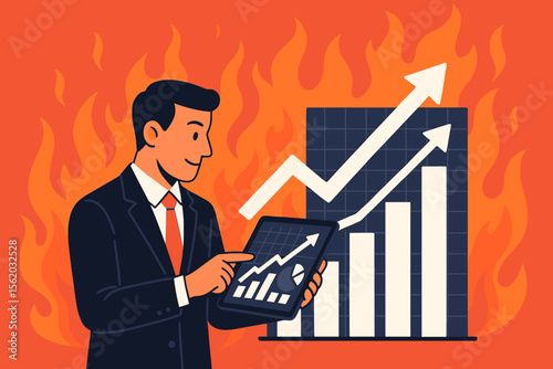 Hot business growth concept with a businessman analyzing sales data and economic growth on a tablet. Financial graph chart with rising arrow on a fire background. Business strategy.