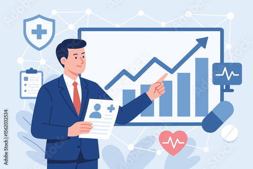 Healthcare business concept showing growth and investment. A businessman analyzes a patient data report and a rising chart. Medical technology, pharma industry and insurance analytics.