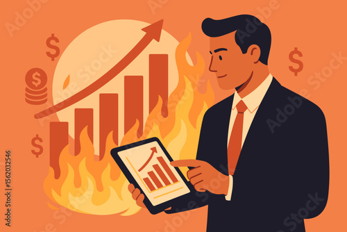 Businessman analyzing sales data on tablet for hot business growth. Financial strategy concept with economic graph chart on fire. Investment success, market profit, and banking.