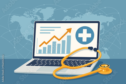 Healthcare business graph showing medical industry growth and data on a laptop. Financial investment and banking report concept with a stethoscope. Global health economics analysis.
