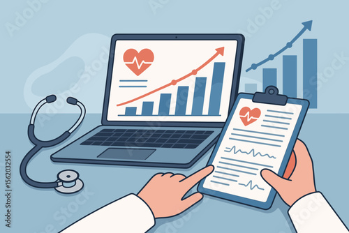 Healthcare business growth and data analysis concept. Doctor analyzing medical report on clipboard and financial statistics chart on laptop. Stethoscope on desk. Health insurance.