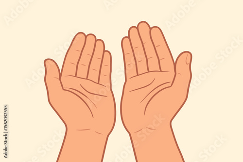 Two hands praying in a gesture of Islamic Dua or supplication. Vector illustration of open palms asking for a blessing, charity, or help. Concept of faith, hope, and worship.