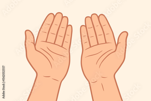 Human open empty hands palms up with soft light background, modern flat vector cartoon illustration, gesture of giving, receiving, care, protection, support concept