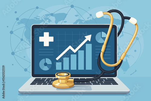 Healthcare business graph and medical data analysis. Concept of healthcare industry growth. Stethoscope on laptop with financial chart. Global health investment and stock market.