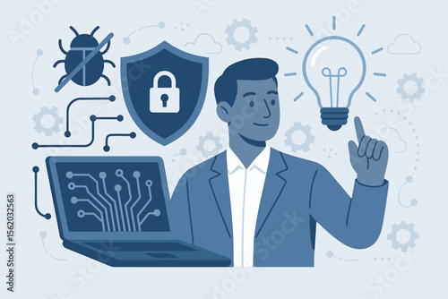 Cybersecurity innovation concept. IT specialist or businessman develops a smart solution for data protection. Antivirus shield defends laptop from digital attack, bug, and malware.
