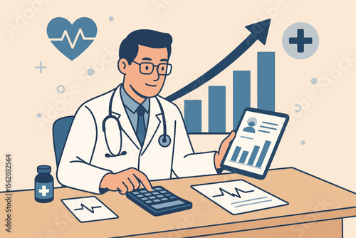 Healthcare business finance concept with doctor calculating medical costs and analyzing patient data on a tablet. Hospital management, health insurance budget, and growth graph.