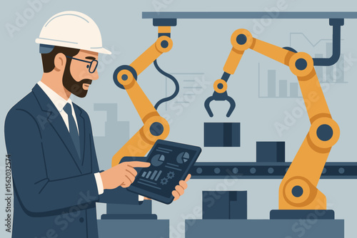 Industrial engineer using a tablet to control automation robot arms on a factory production line. Smart manufacturing, Industry 4.0, and technology concept. Flat vector illustration.