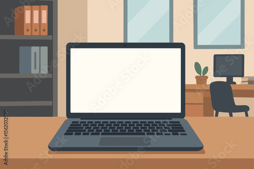 Modern office workspace with laptop blank white screen on desk, computer monitor, bookshelves, indoor plant, business workplace interior, flat vector illustration, empty template concept