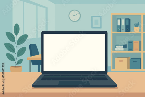 Modern office workspace with laptop on desk, blank white screen, indoor plant, bookshelves, clock, minimalist business environment, flat vector illustration for presentations and design projects