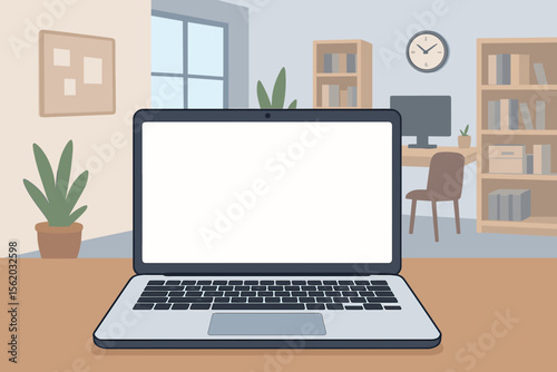 Modern home office workspace with laptop blank white screen on desk, computer monitor, bookshelves, plants, clock, flat vector illustration, remote work, digital workspace, interior design concept