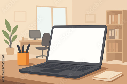 Modern office workspace with laptop blank screen on desk, computer monitor, plant, stationery, bookshelf, window, contemporary business environment, flat vector illustration