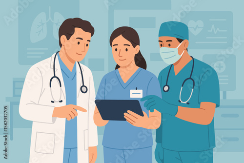 Medical team collaboration in hospital. Doctors, nurse, surgeon, and anesthetist discussing patient diagnosis using digital tablet, modern healthcare technology, teamwork, clinical staff consultation