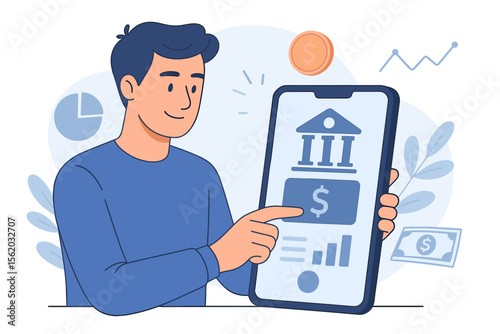 Mobile banking concept with man using online banking app on touchscreen smartphone, digital finance, investment, money transfer, secure payment, modern flat vector illustration