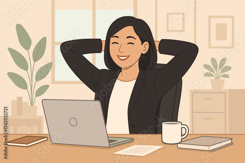 Confident Asian businesswoman relaxing at desk in modern office, professional woman taking break from laptop work, corporate success, workplace wellness, productivity, business lifestyle illustration