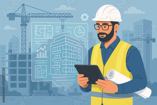 Construction engineer at building site using digital tablet and blueprints. Modern industrial technology, smart planning, project management, innovation, architecture, engineering, urban development