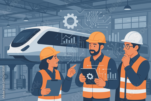 Engineers and Technicians Inspecting Modern Monorail Maintenance Facility, Analyzing Data, Overseeing Transportation Technology Development, Construction Project Management, Industrial Innovation