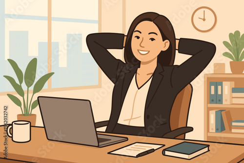 Confident businesswoman relaxing at modern office desk, professional female executive taking break, workplace wellness, corporate success, productivity, business lifestyle, office environment