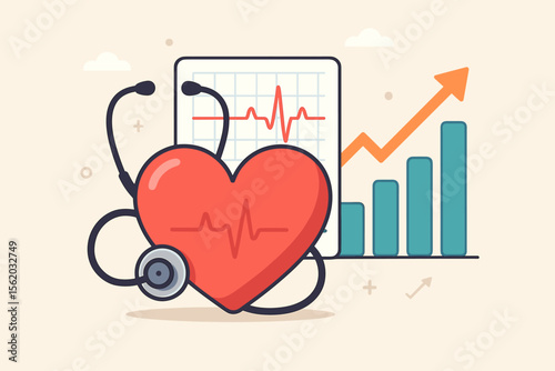 Heart health business growth concept. Red heart with stethoscope, heartbeat ECG report, rising bar graph, medical investment, cardiology, healthcare analytics, modern medicine finance