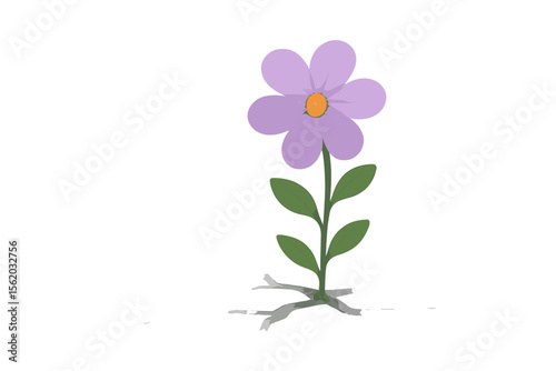 Resilience concept purple flower blooming through cracked ground. Hope, strength, perseverance. Modern flat vector illustration. Nature overcoming adversity. Blank background for text design