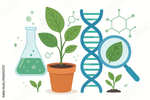 Plant Biotechnology Research Concept. DNA Helix, Gene Editing, Biochemistry, Laboratory Science, Genetic Engineering, Molecular Biology, Nature Experiment, Magnifying Glass, Potted Plant Illustration