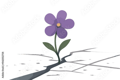 Resilience concept purple flower blooming through cracked street pavement. Hope, perseverance, overcoming adversity. Modern flat vector cartoon illustration. Growth, survival, urban nature symbol