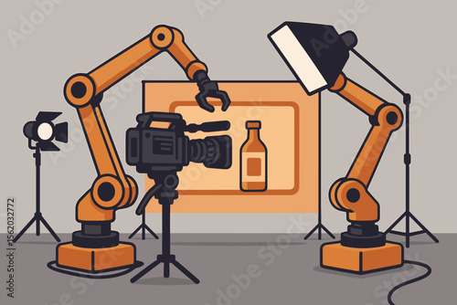 Robotic arms automate film production studio, movie camera and lighting equipment, modern technology for TV commercial video shoot, industrial automation, flat vector illustration