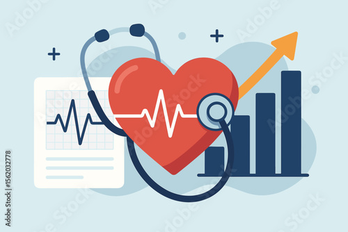 Heart Health Monitoring Concept with Stethoscope, ECG Heartbeat Report, Medical Data Analytics, Cardiologist Investment, Healthcare Business Growth, Medicine Financial Success Vector