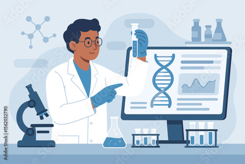 Scientist in Laboratory Analyzing DNA Gene Therapy Data, Genetic Research, Disease Treatment, Biotechnology, Genome Sequencing, Test Tubes, Microscope, Medical Innovation, Healthcare Research