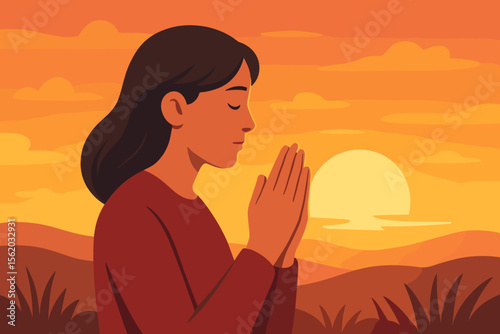Woman Praying Hands Together at Sunset, Spiritual Meditation, Hope and Faith Concept, Peaceful Nature Landscape, Modern Flat Vector Illustration, Mindfulness, Religion, Blessing, Tranquility Scene