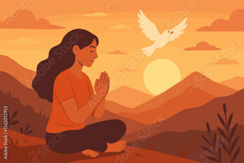 Woman meditating and praying outdoors at sunset, peaceful mountain landscape, free flying dove, hope, faith, mindfulness, spiritual nature retreat, calm evening, modern flat vector illustration
