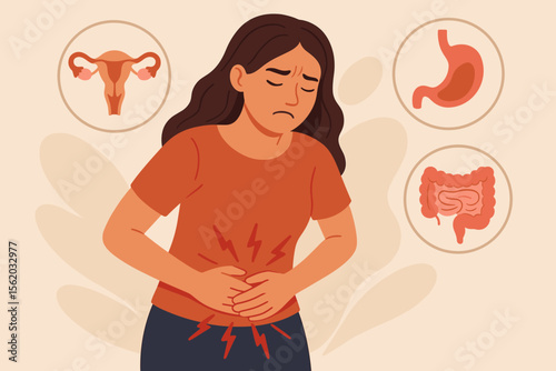 Sad woman holding her belly suffering from painful stomach ache. Abdominal pain causes concept with organ icons: uterus, stomach, intestine. Menstrual cramps, digestive problems.