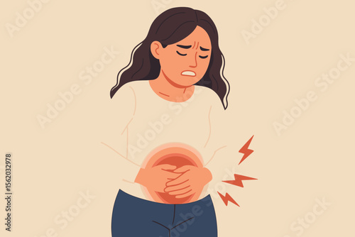 Woman suffering from severe stomach ache, holding her abdomen. Concept for period pain, menstruation cramps, indigestion, gastritis, ulcer or other gastrointestinal diseases.