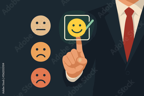 Businessman hand choosing happy smile face emoticon on virtual screen. Customer satisfaction survey concept. Excellent service rating, positive feedback and client review.