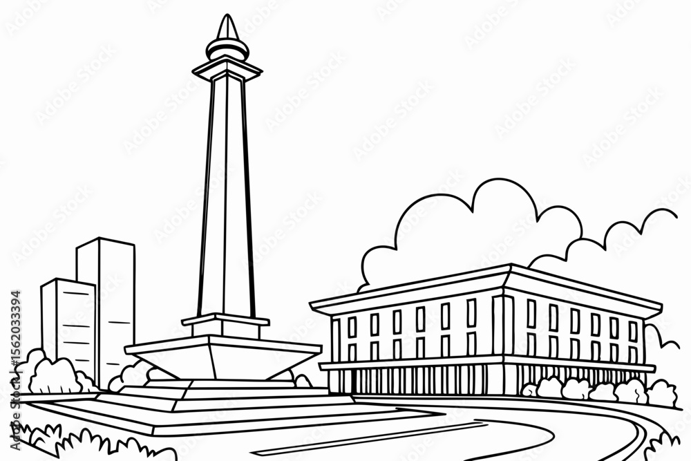 Obraz premium detailed line art coloring page, the monument of proclamation in Jakarta, black and white illustration style, clean lines