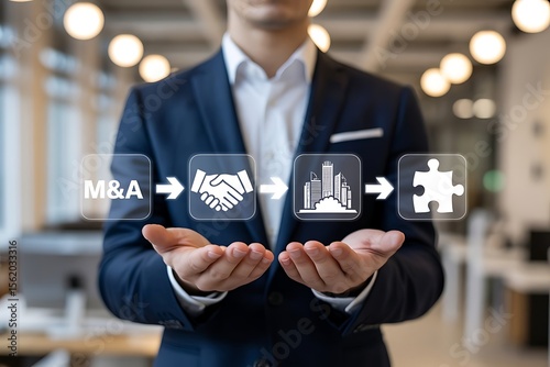 Businessman presenting a flowchart illustrating the mergers and acquisitions process from initial deal to company integration and final success