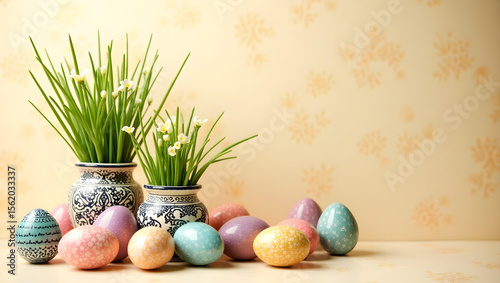 Nowruz background with green sprouts and painted eggs.