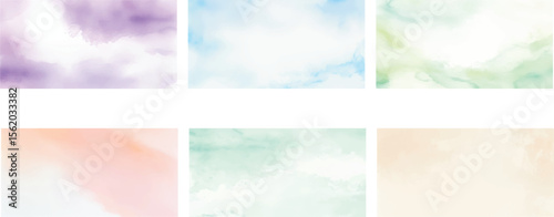 Delicate Watercolor Pastel Backgrounds Set – Hand-Painted Sky Blue, Mint, Cream, Peach, Lavender & Green Aquarelle Textures for Print Templates, Posters, and Minimal Design Projects
