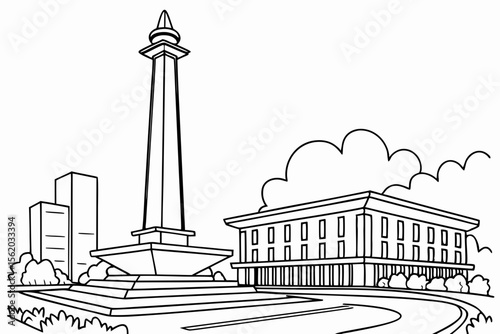 detailed line art coloring page, the monument of proclamation in Jakarta, black and white illustration style, clean lines