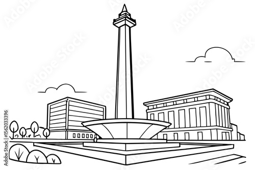 detailed line art coloring page, the monument of proclamation in Jakarta, black and white illustration style, clean lines