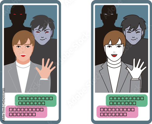 スマホのSNSで若い男性に、なりすますロマンス詐欺犯罪組織のイメージ。