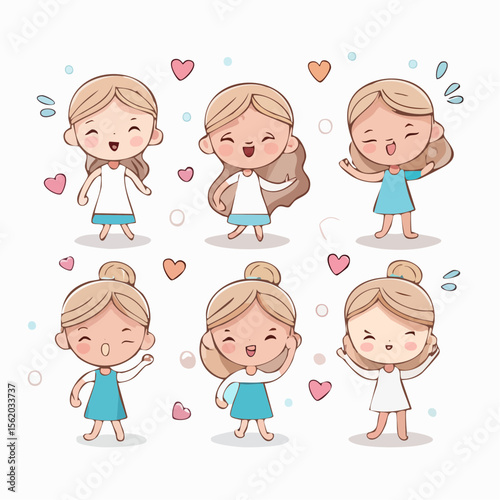 Cartoon girl with blonde hair in a bun shown in six cute poses wearing white and blue dresses, surrounded by hearts and dots. A playful, expressive character set.