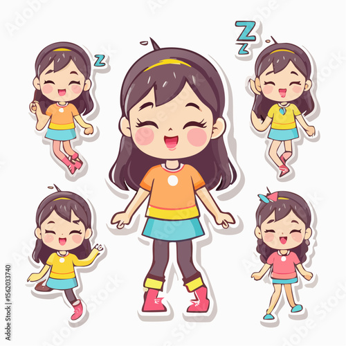 Cartoon girl with long brown hair in orange shirt and blue skirt shown in five cute poses, including smiling, jumping, and sleeping, on a white background.