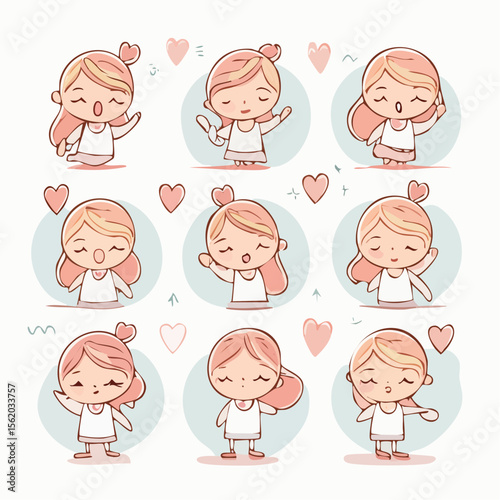 Cartoon girl with light brown hair in white dress shows various cute expressions and poses with hearts and music notes, conveying joy and emotion.
