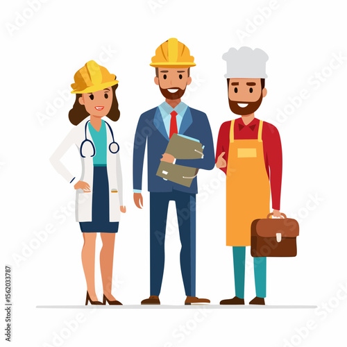 Three professionals stand side by side: a doctor in a lab coat and hard hat, a construction manager in a suit with a clipboard, and a chef in an apron and toque holding a briefcase.