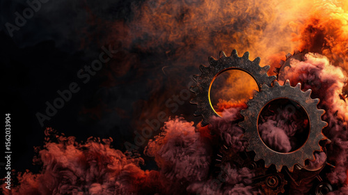 Rusty gears emerge from vibrant smoke, symbolizing innovation and creativity technology. dynamic colors evoke sense of energy and transformation