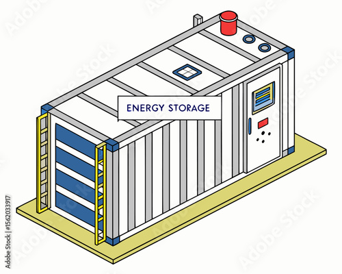 Battery energy storage system with lithium-ion power bank and electricity power plant process illustrated in isometric vector style on a white background.