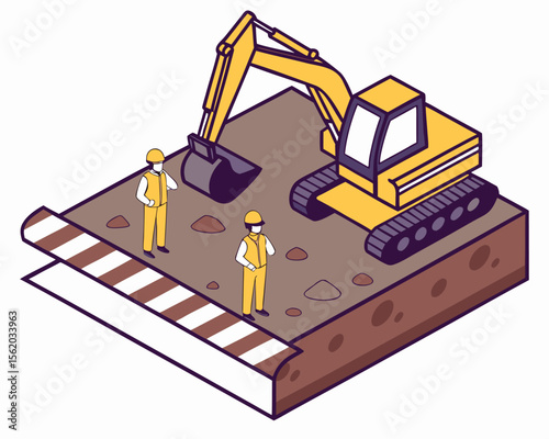 Construction worker using a jackhammer while an engineer gives instructions on a white background.