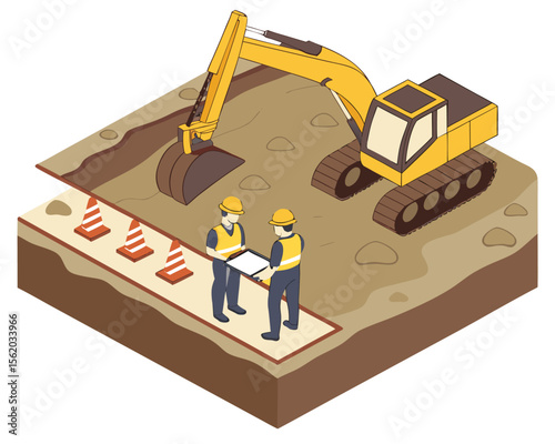 Engineer and worker in hard hats shaking hands at a construction area with tools and machinery on a white background.